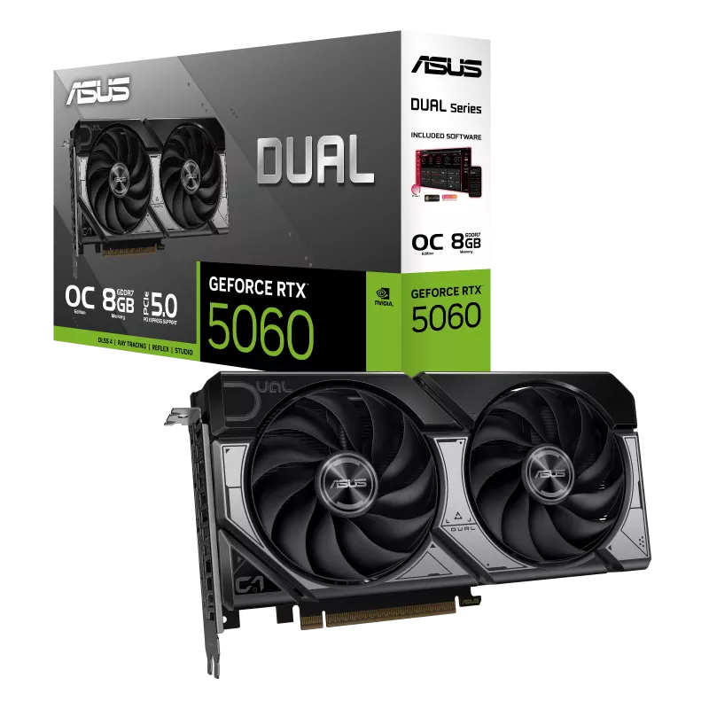 ASUS Dual GeForce RTX 5060 8GB GDDR7, 3840 CUDA cores, 2497MHz boost clock, 8GB 28Gbps GDDR7, PCIe 5.0, 1x HDMI 2.1b, 3x DP 2.1b
