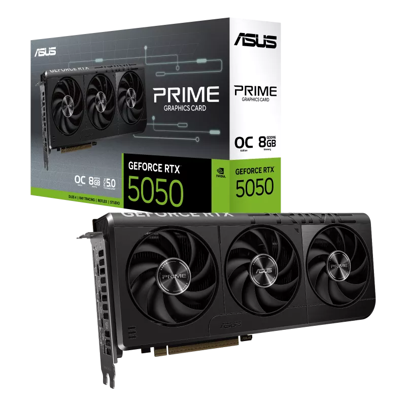 ASUS Prime GeForce RTX 5050 OC Edition 8GB GDDR6 — PCIe 5.0, 2560 CUDA Cores, 2.5 Slot Cooling, Triple Axial-tech Fans, Dual Ball Fan Bearings, 0dB Technology, MaxContact Heat Spreader, Dual BIOS, DLSS 4, NVIDIA Blackwell Architecture
